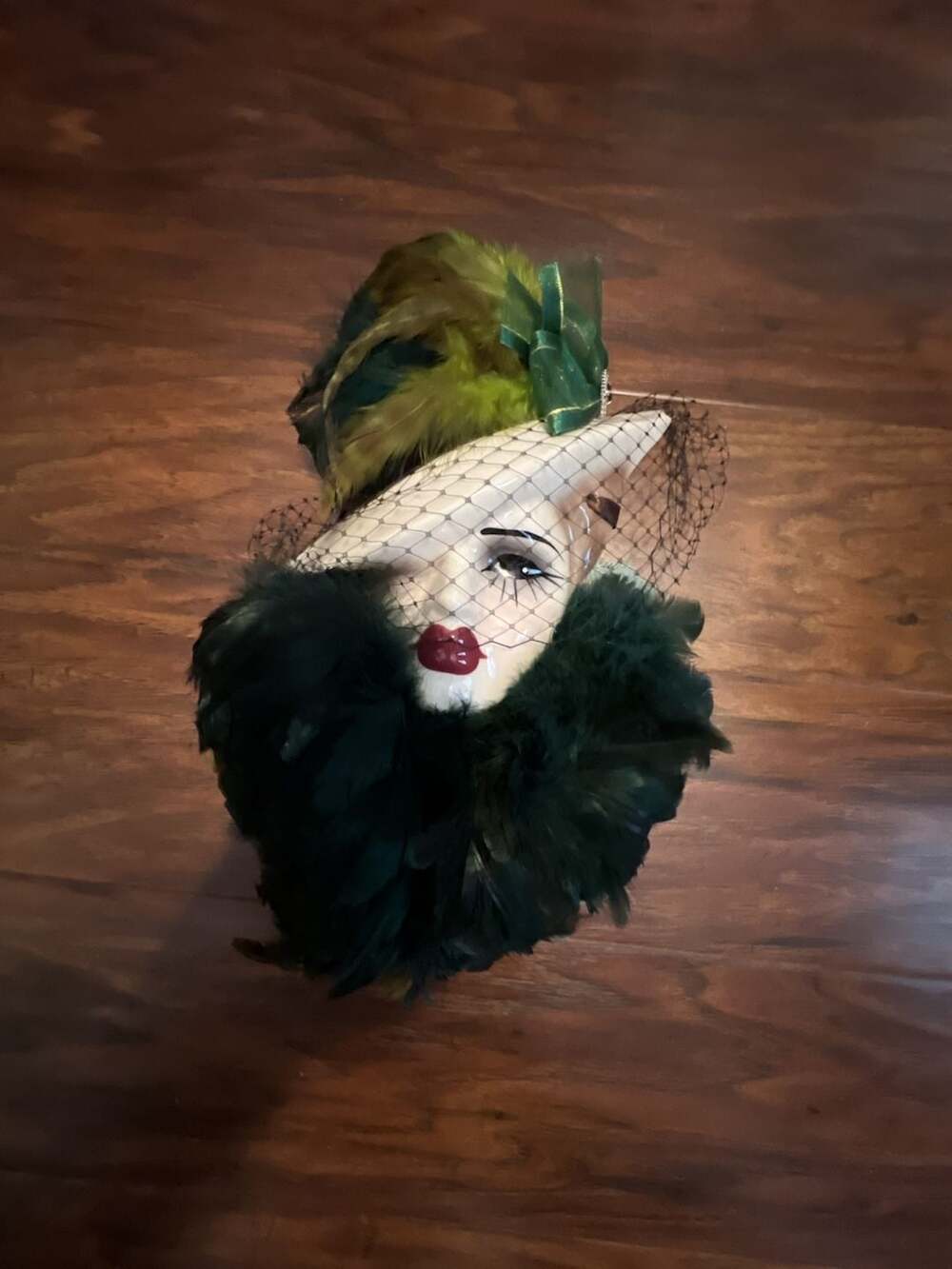 Very Unique Creations Handcrafted Lady Face Wall Mask with Green Feathers
